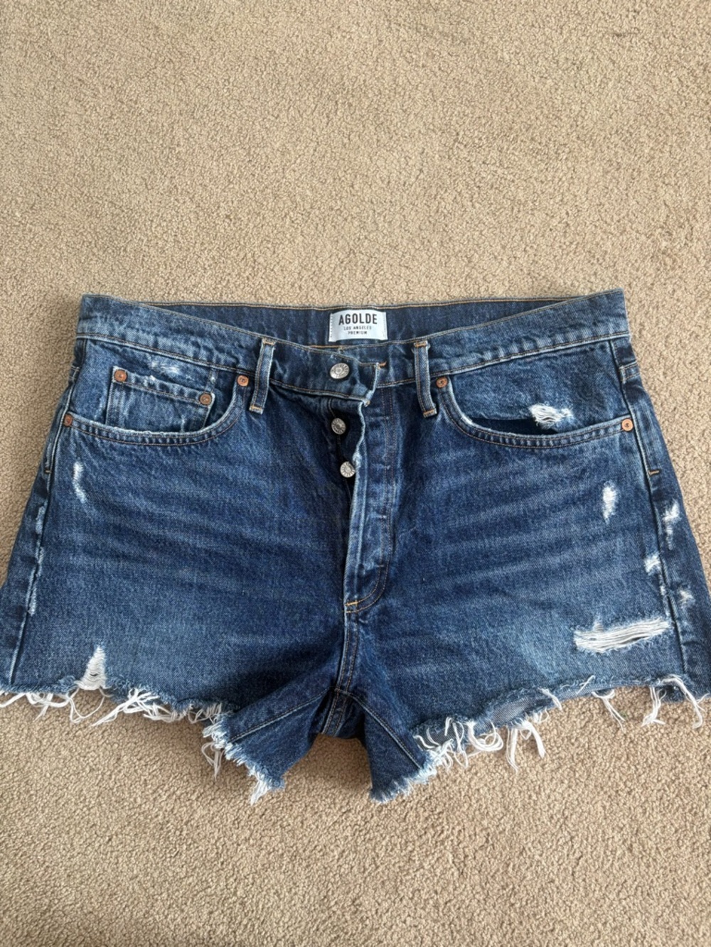 Agolde Dark Blue Distressed Denim Cutoff Shorts